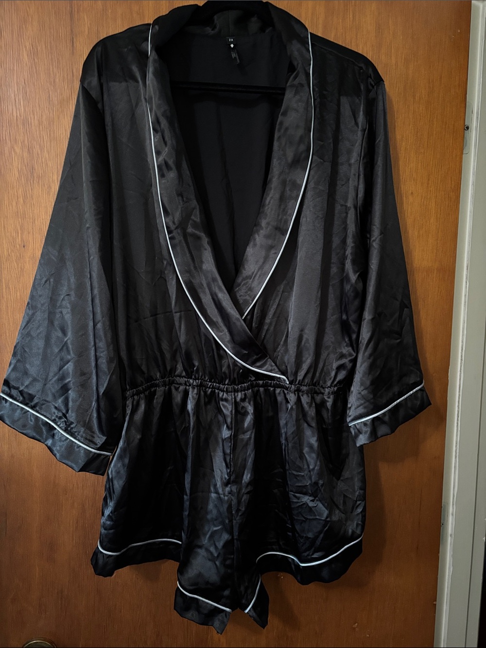 Fashion Nova Black Satin-Trim romper pajama